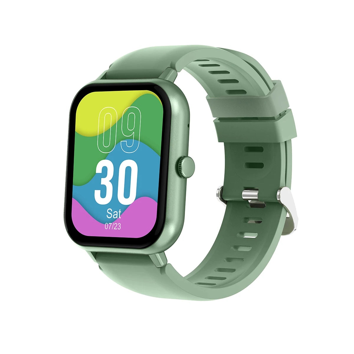 Smartwatch with green silicone strap, square display showing 09 and 30