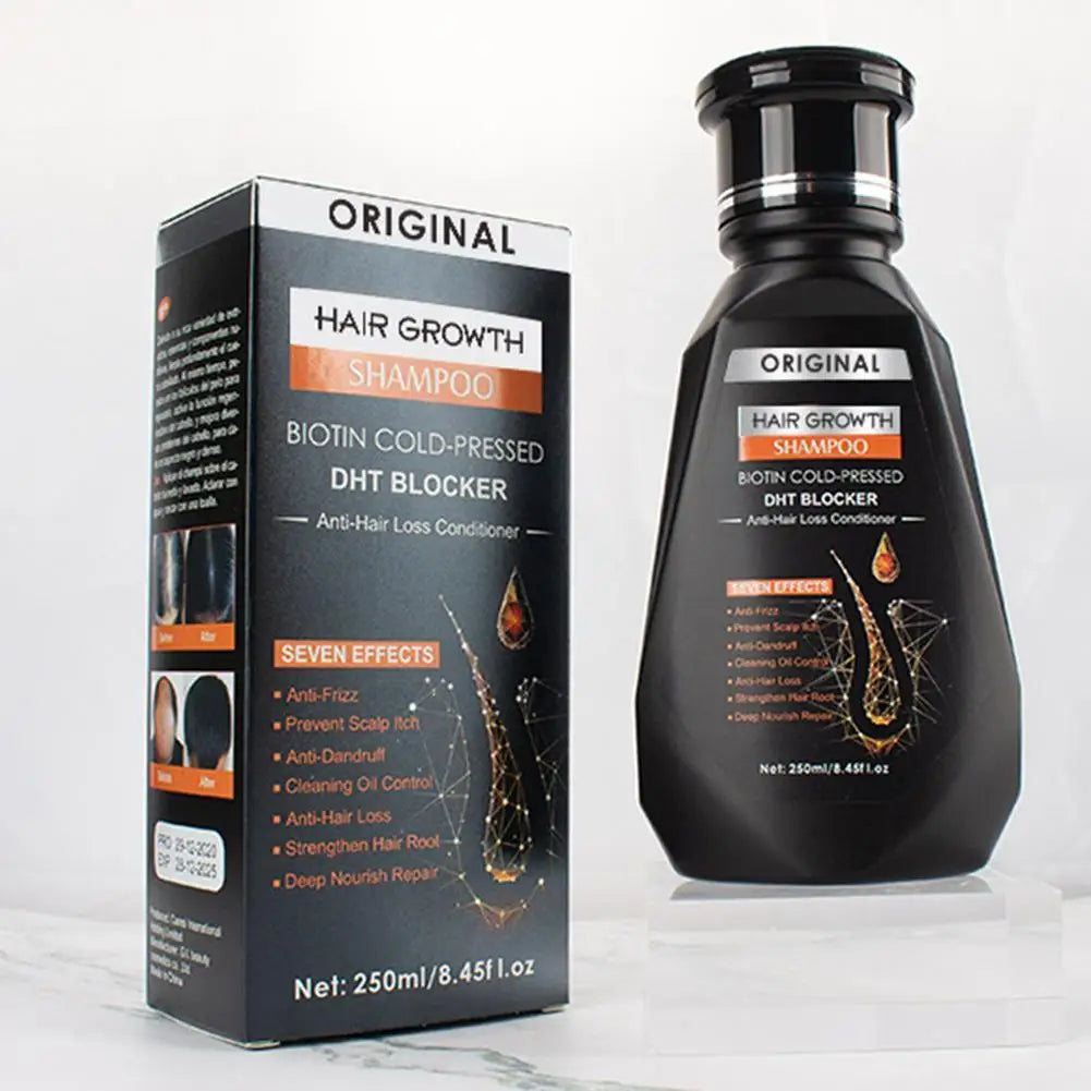 Biotin Ginger Hair Growth Shampoo bottle and box, black packaging with orange label; two-item anti-hair loss DHT blocker set