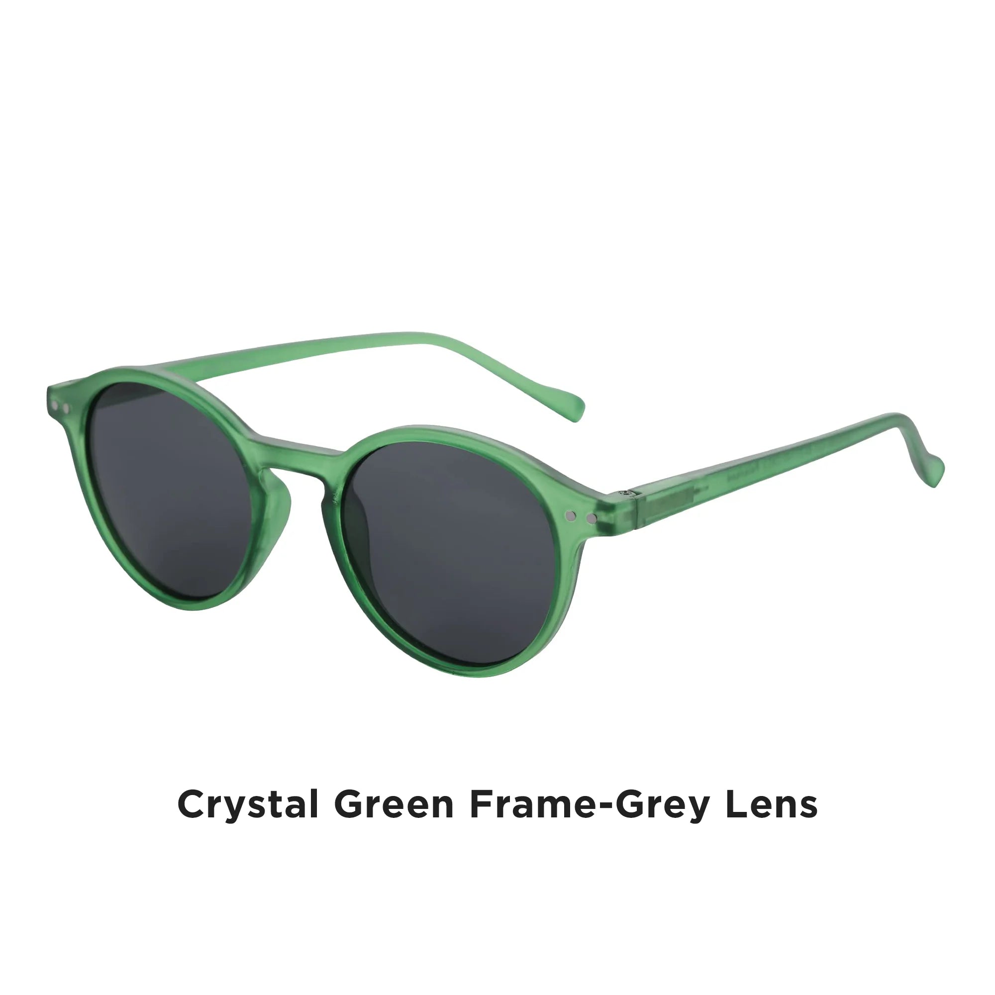 Small round sunglasses with crystal green frame and dark grey lenses