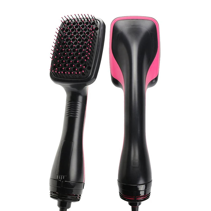 Hot air brush hair dryer with two brush heads, black body with pink bordered pads