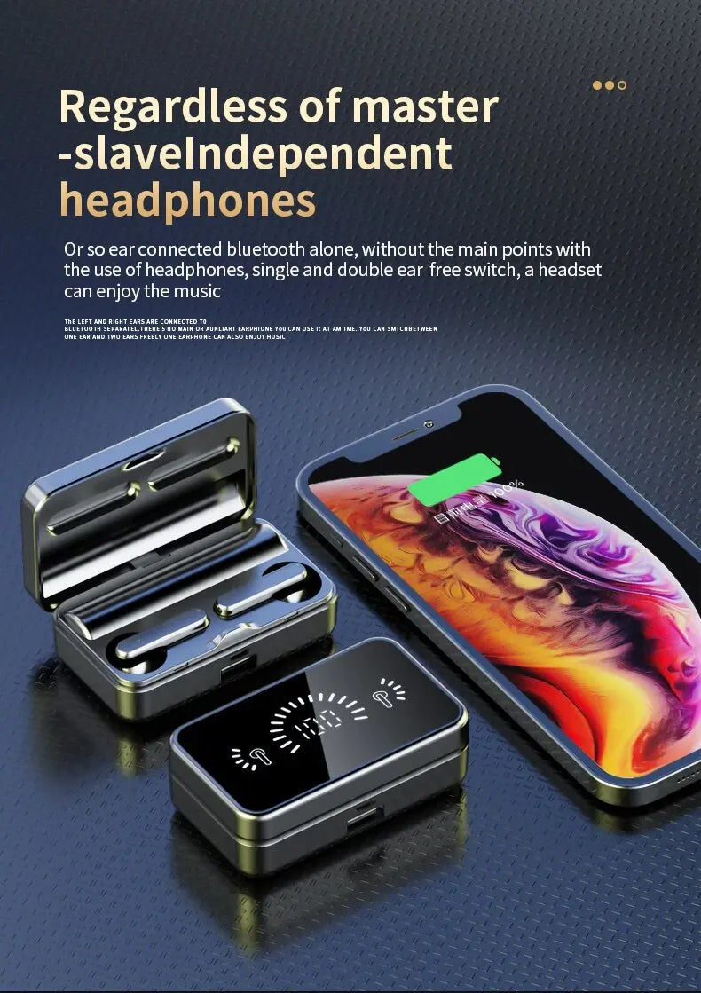 Bluetooth earphones charging case with two earbuds and a smartphone showing audio icon