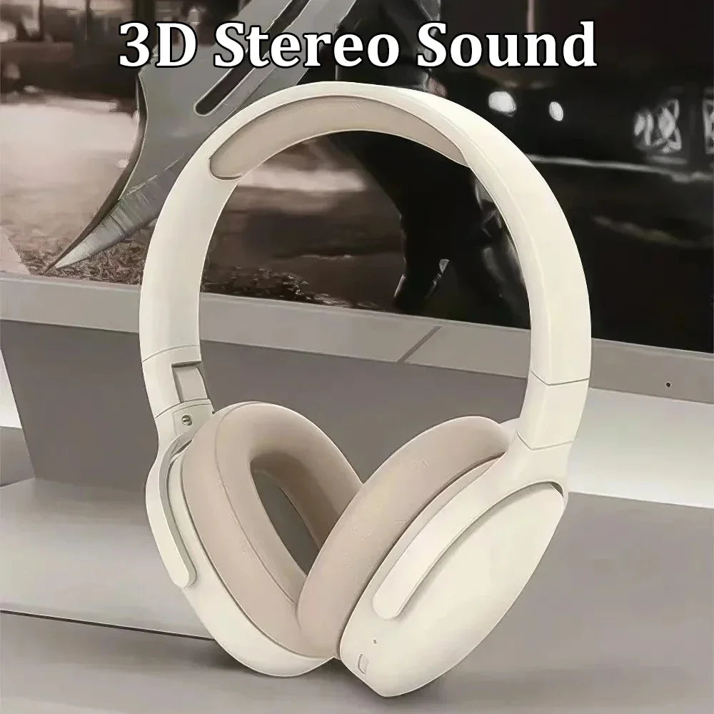 Off-white over-ear sports headphones with thick cushioned ear pads, angled side view.