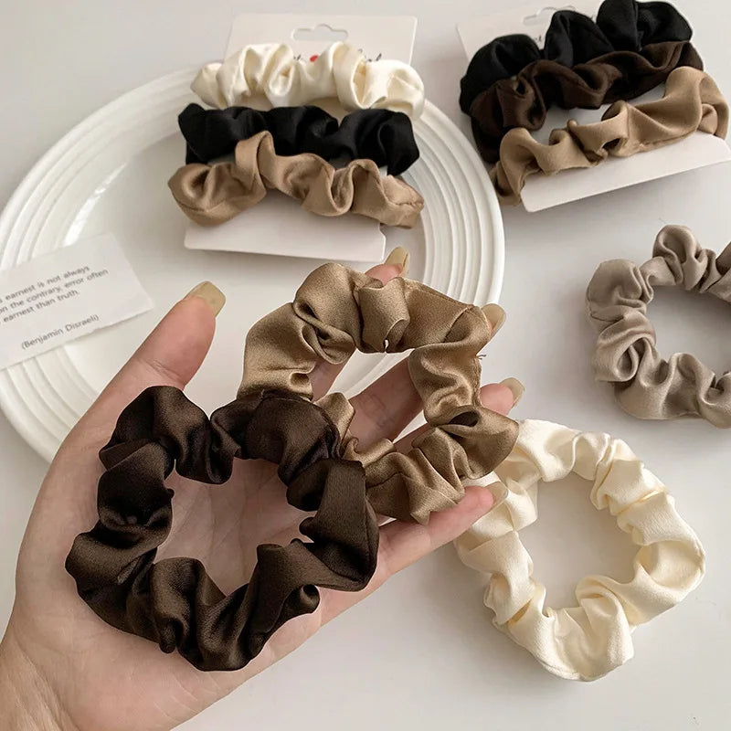 Multi Pack Elegant Satin Pleated Scrunchies - Solid Color Hair Ties for Women