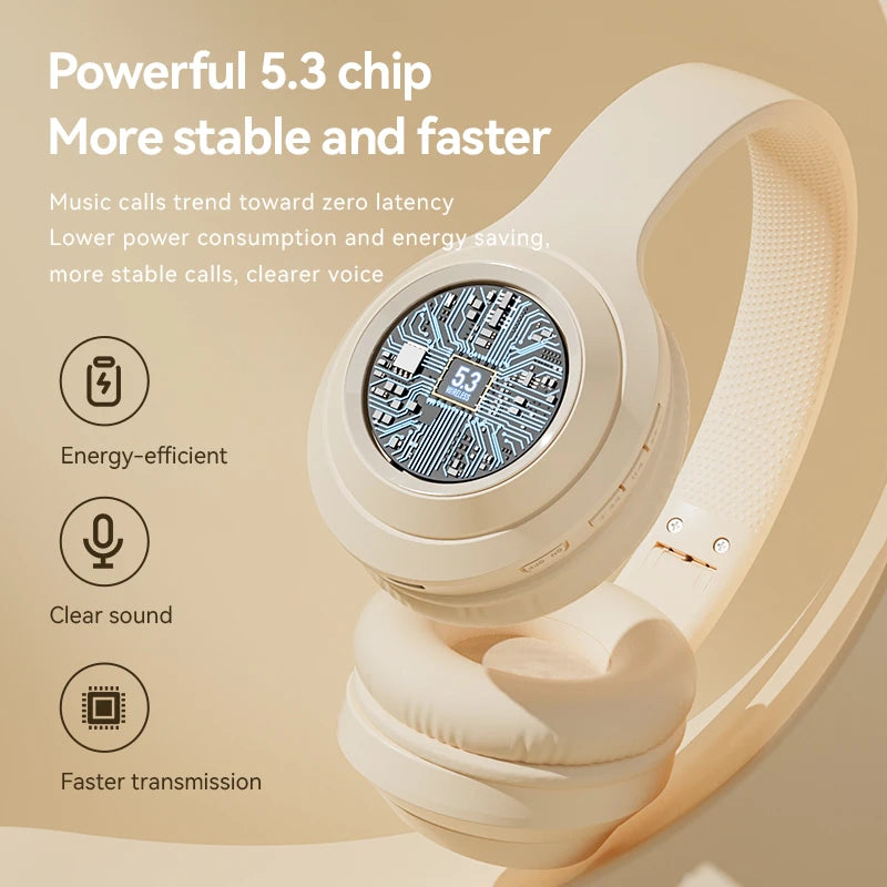 White over-ear headphones showing internal chip detail through earcup plate.