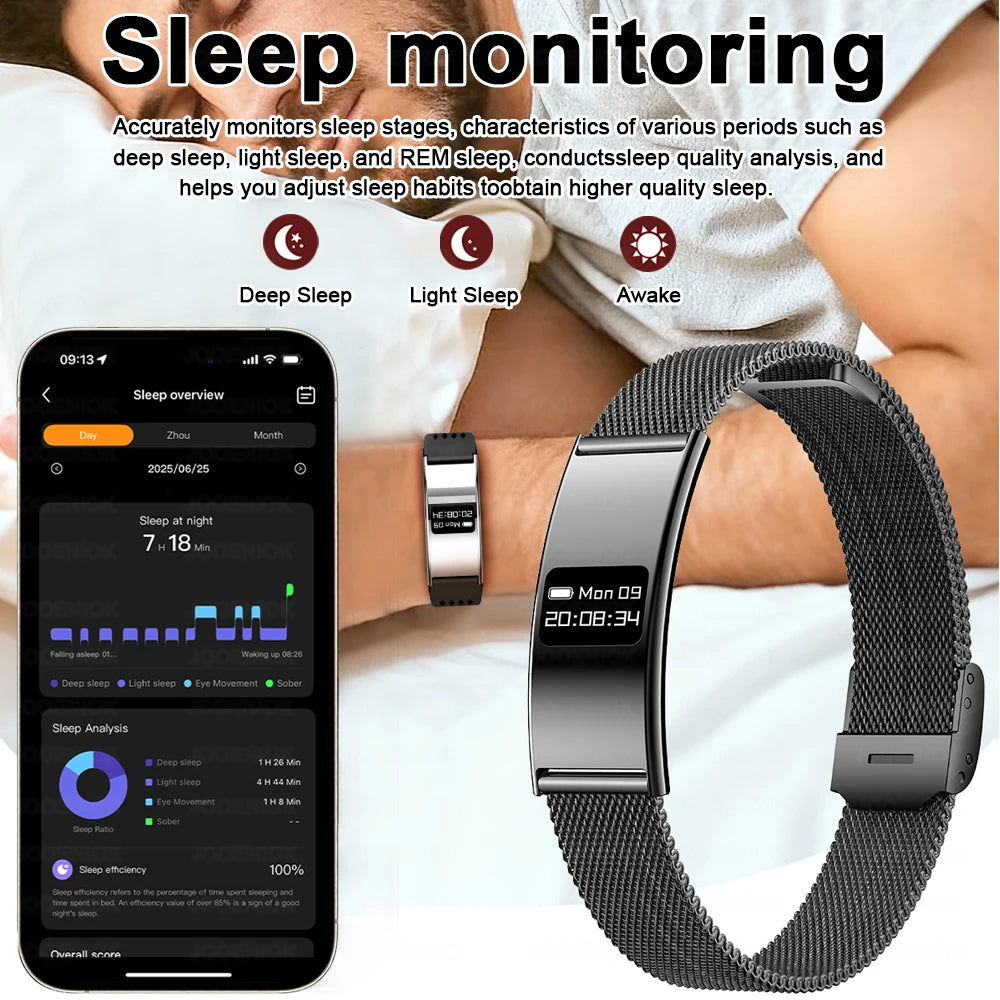 Smart fitness tracker bracelet with metal mesh strap and sleep display