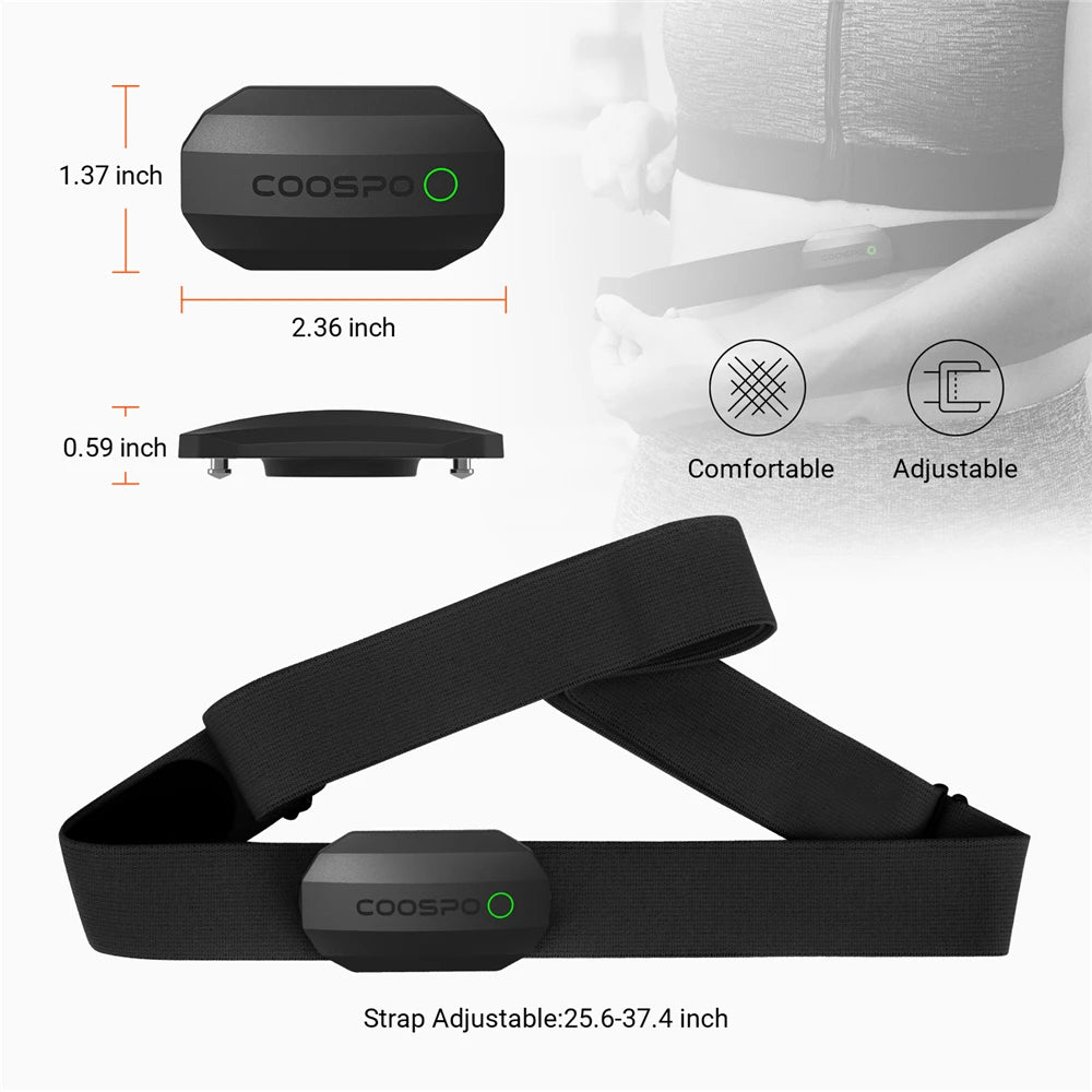 Black heart rate monitor chest strap with adjustable strap and gray sensor pod