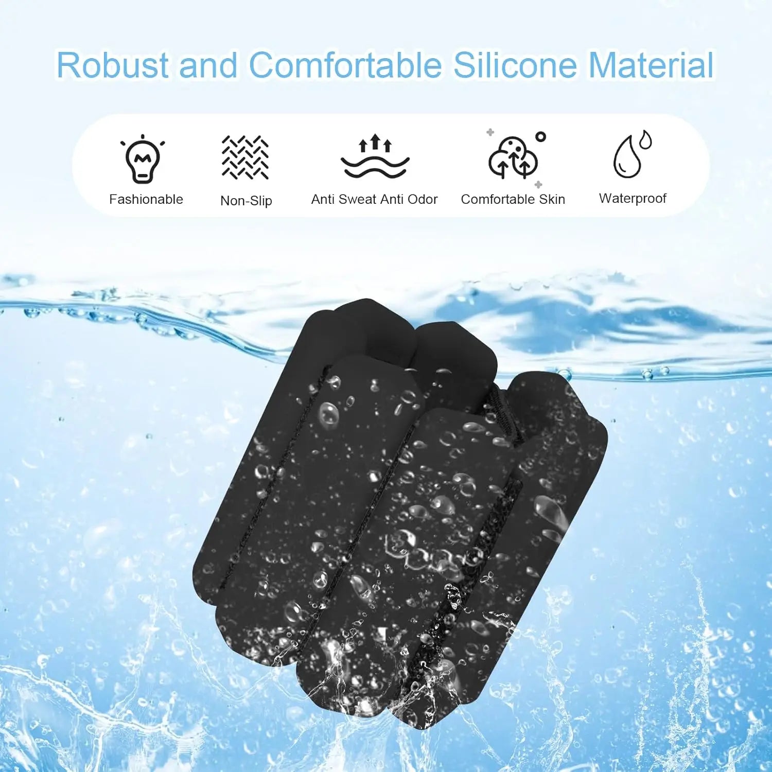 Adjustable arm and leg weights set, black silicone pads with water-resistant texture