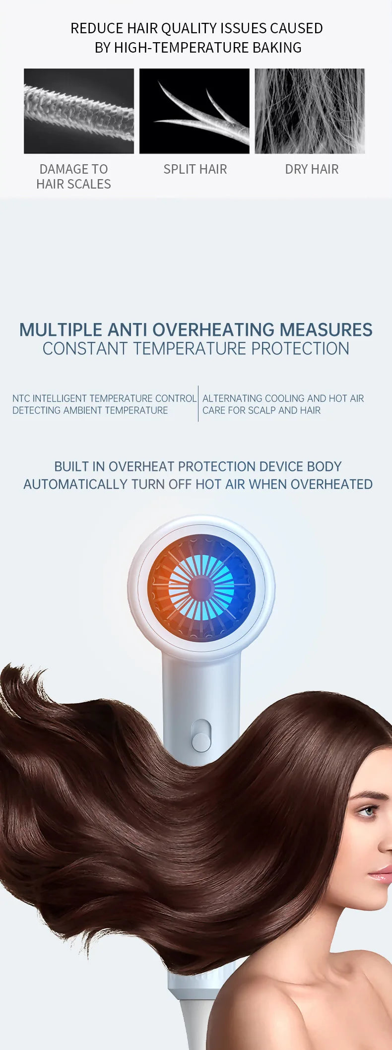 Light-blue hair dryer blowing air onto hair, with safety protection features