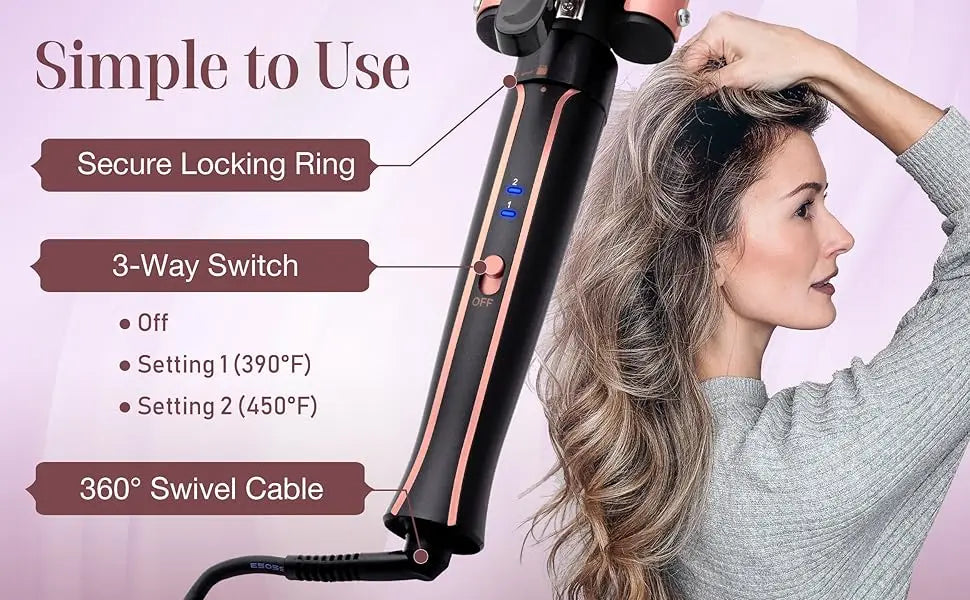 Rose-gold and black curling iron with secure locking ring, 3-way switch, and swivel cable