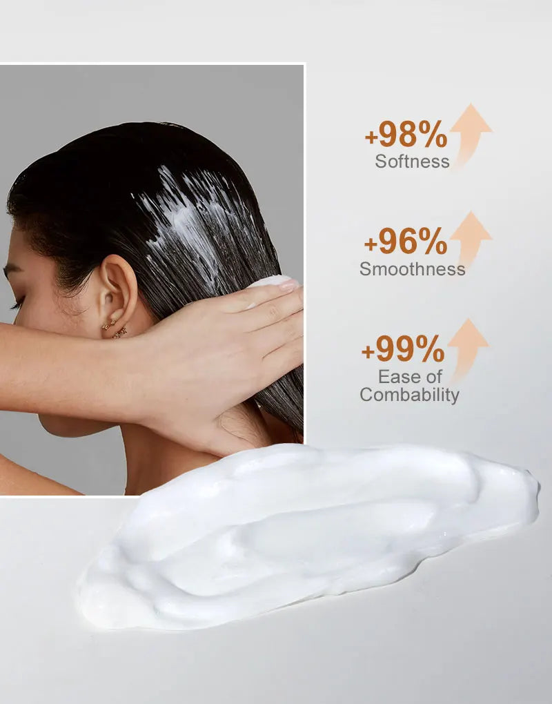 Hair being rinsed with thick white foam, softening and smoothness icons