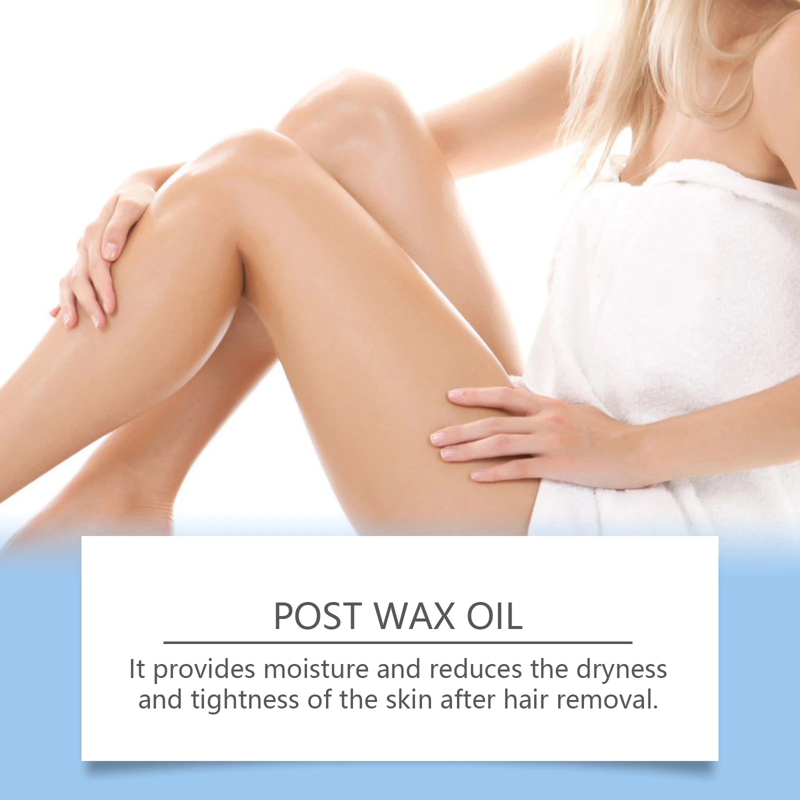 OceAura post-wax oil on legs with woman seated beside towel