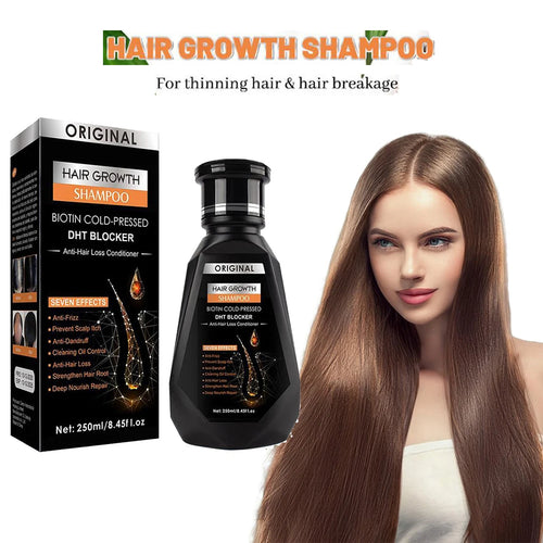 Hair growth shampoo bottle with carton box, black and orange label, 250 ml