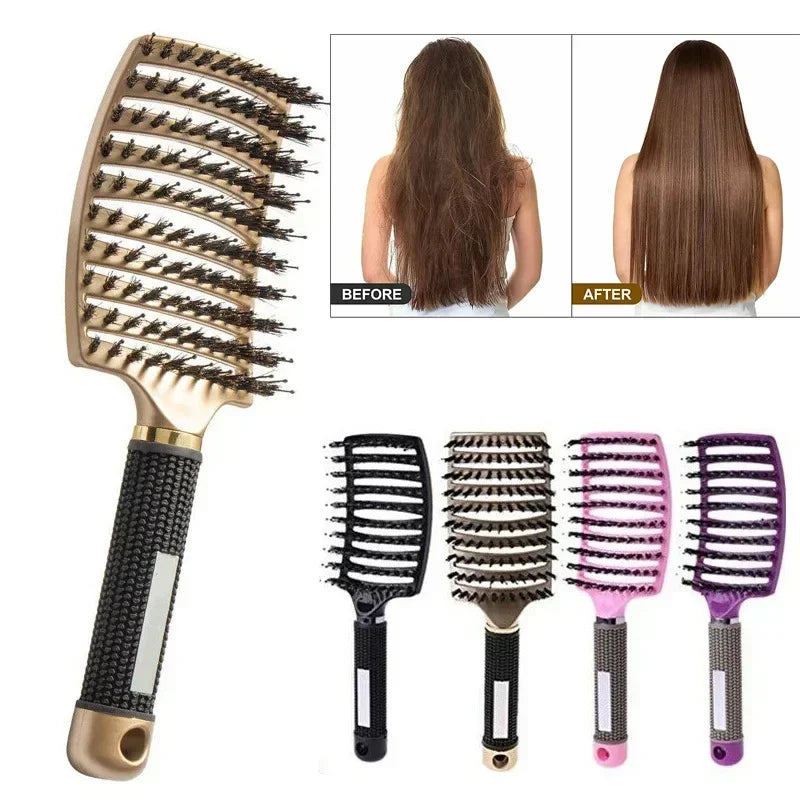 Boar bristle detangling hairbrush with nylon pins, black and gold handle and base