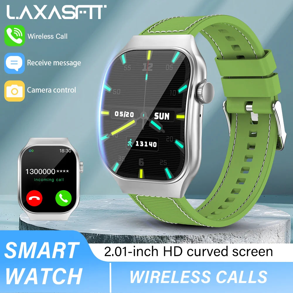 LAXASFIT H7 smart watch with 2.01-inch curved AMOLED display and green silicone strap; two watches shown