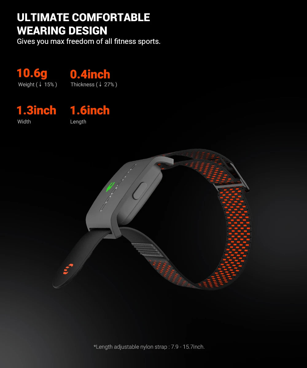 Armband heart rate monitor with dark band and textured orange strap, adjustable length