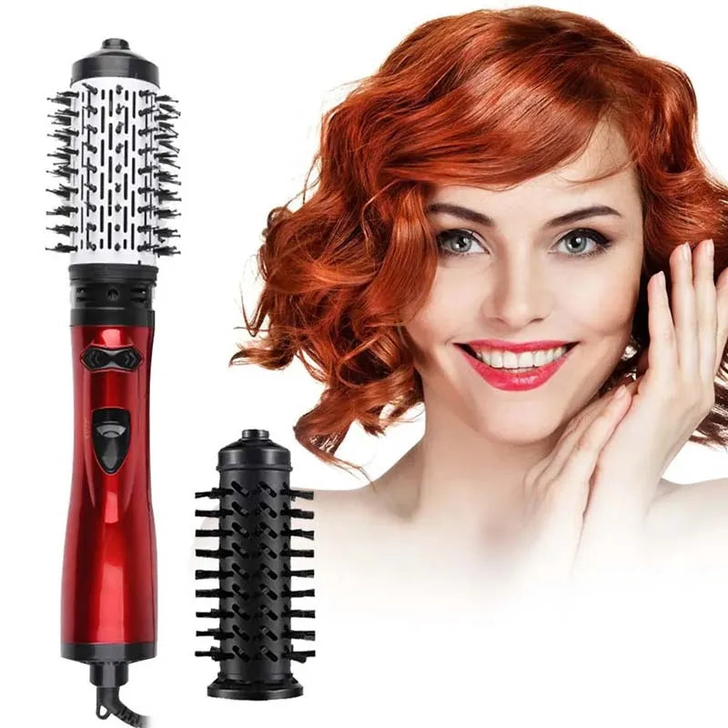 Red rotating hot hairbrush with two cylindrical brush heads and black bristles