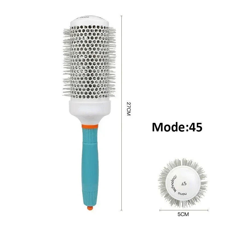 Round barrel hair brush with large silver bristle head and teal plastic handle
