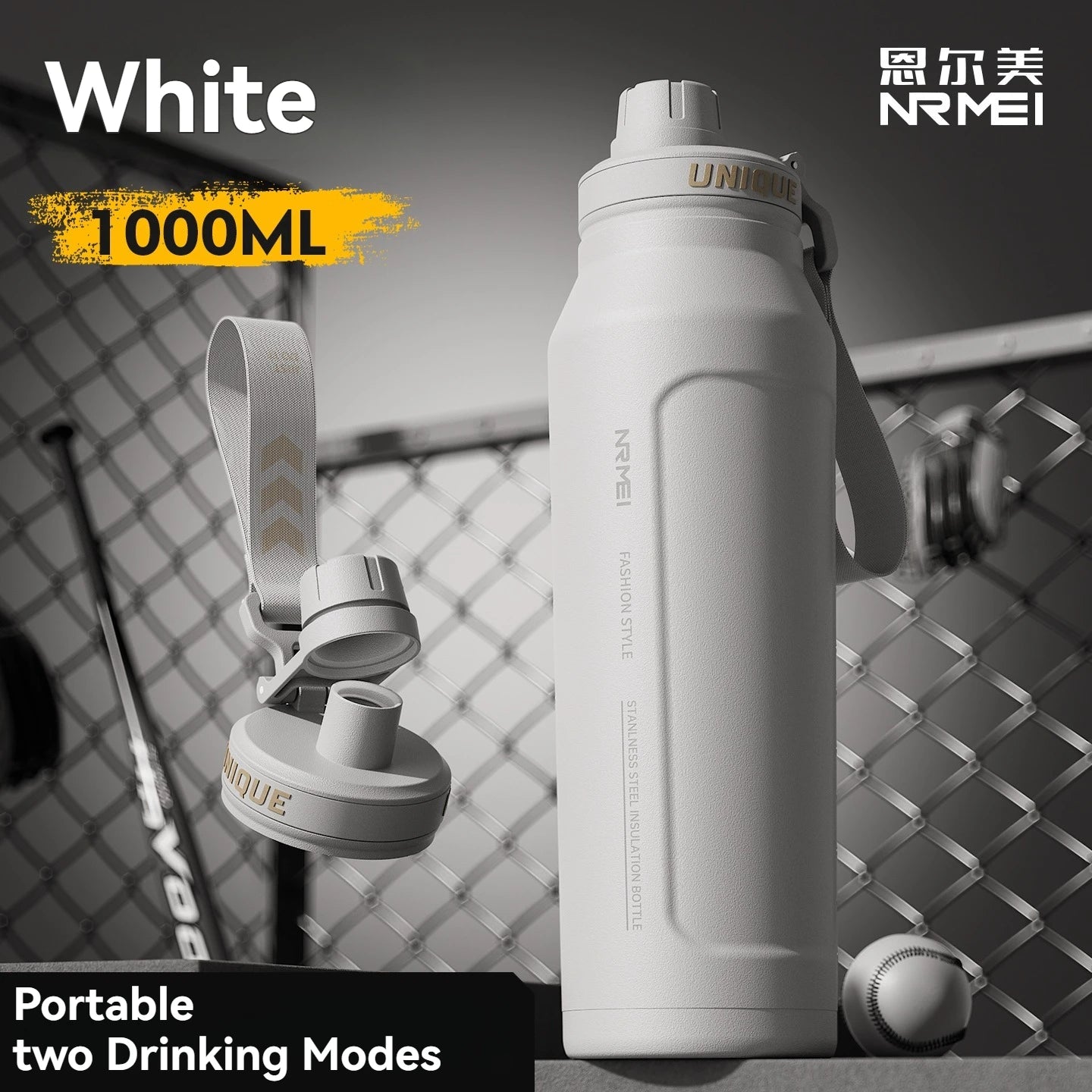 1000ml insulated double-wall sports bottle, white, with carry handle and flip lid