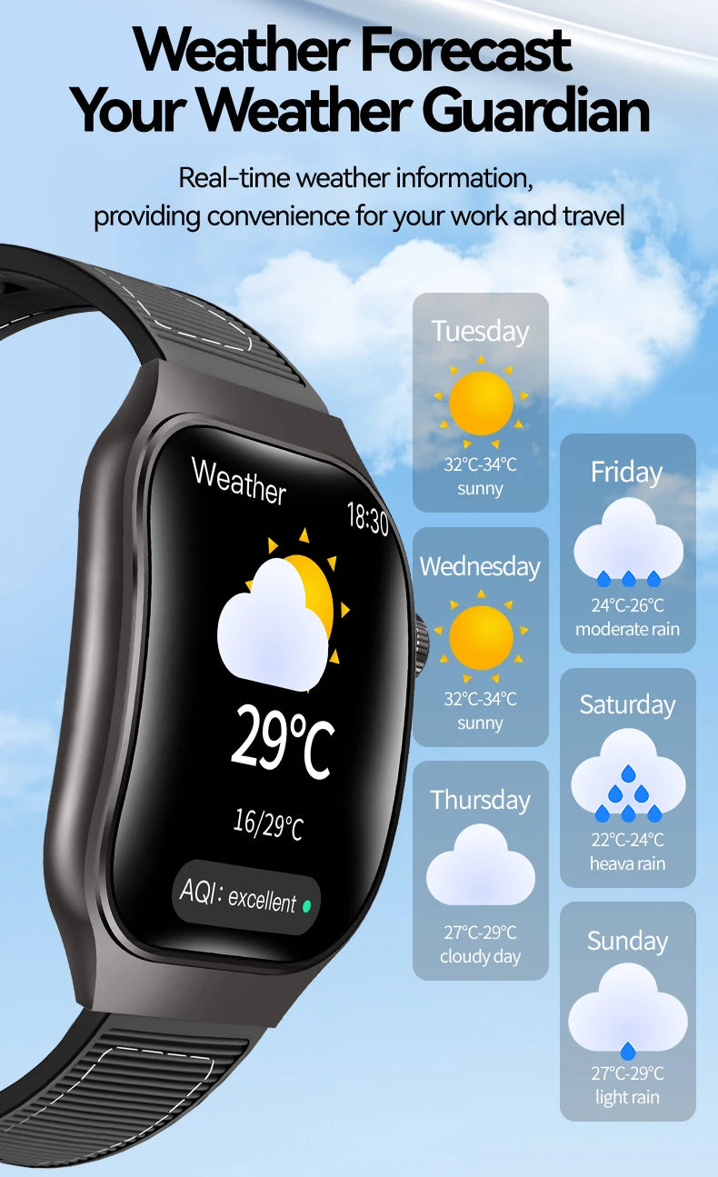 LAXASFIT H7 Smart Watch with 2.01-inch curved AMOLED display and weather forecast on a black strap