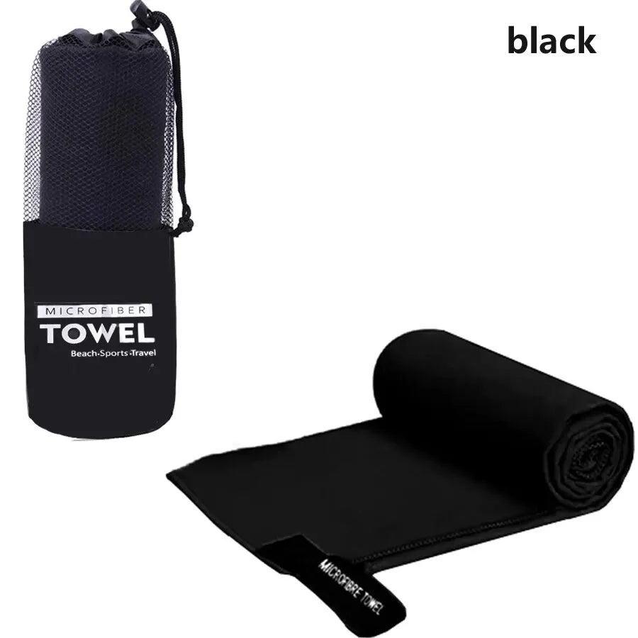 Quick-Dry Microfiber Sports Towel with mesh storage pouch, black; two-piece set.