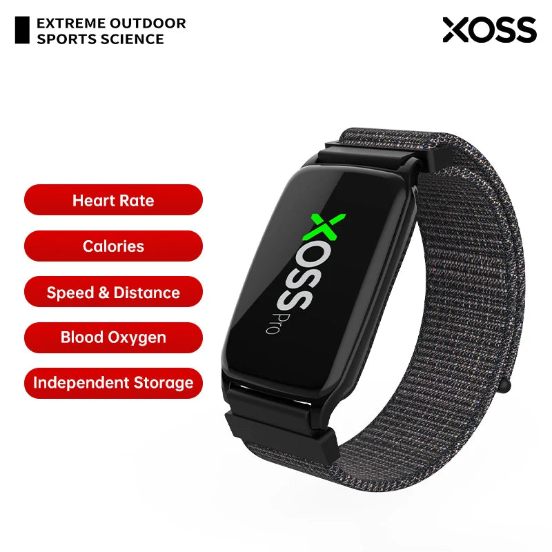 XOSS BBP Bluetooth ANT+ heart rate monitor armband with black woven strap and XOSS Pro display