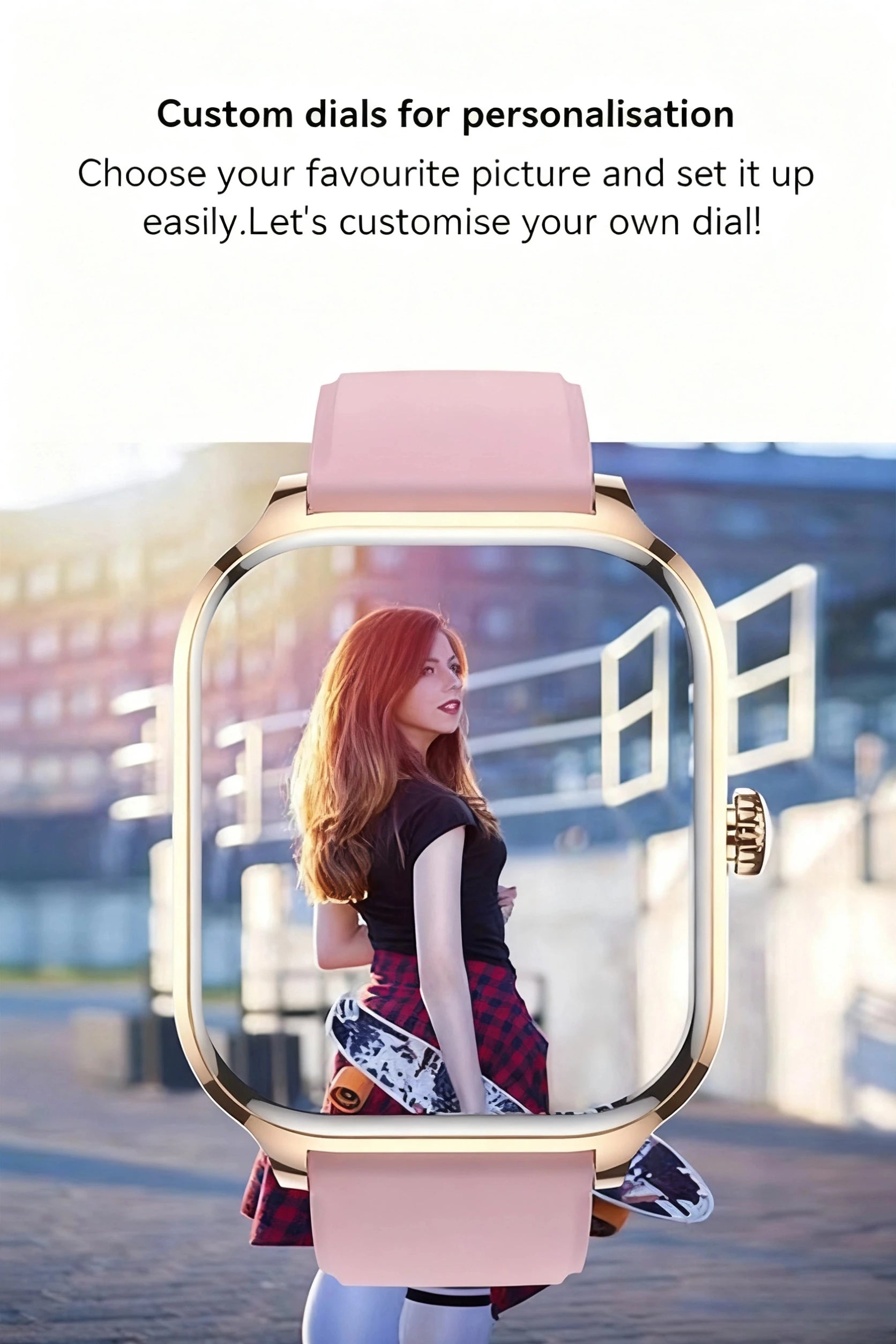 Smartwatch with pink silicone strap and rose-gold case, photo-style dial with a woman