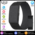 Black fitness bracelet with woven strap, adjustable clasp, and AI data icons