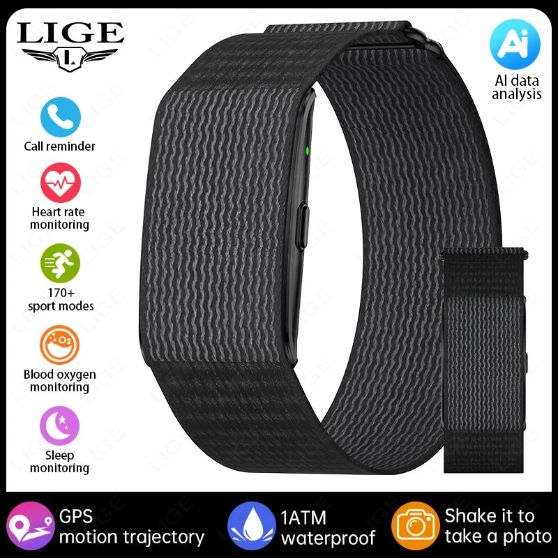 Black fitness bracelet with woven strap, adjustable clasp, and AI data icons