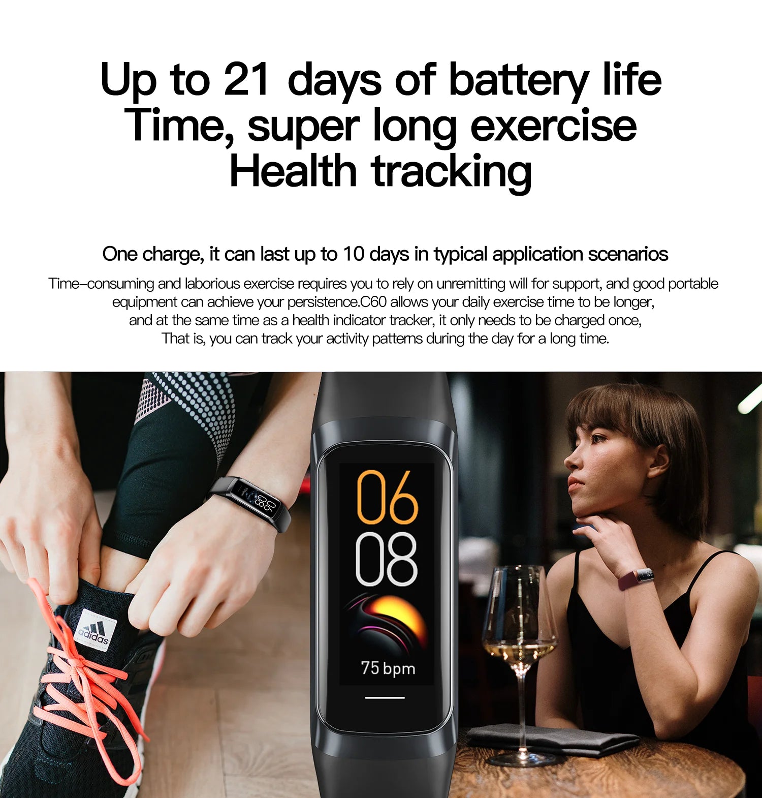 Black slim smart bracelet with AMOLED display showing fitness stats