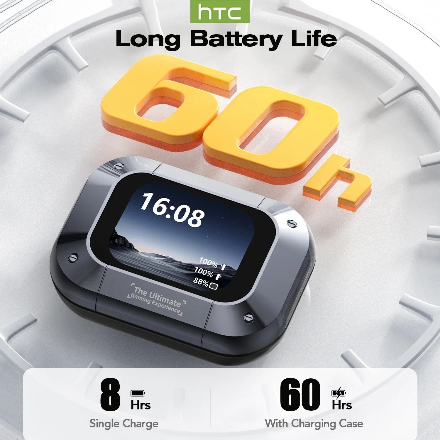 Black charging case with built-in LCD display and two earbuds seated