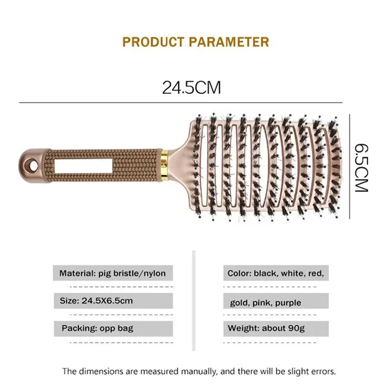 Boar bristle detangling hairbrush with black textured handle and gold-toned cushion pad