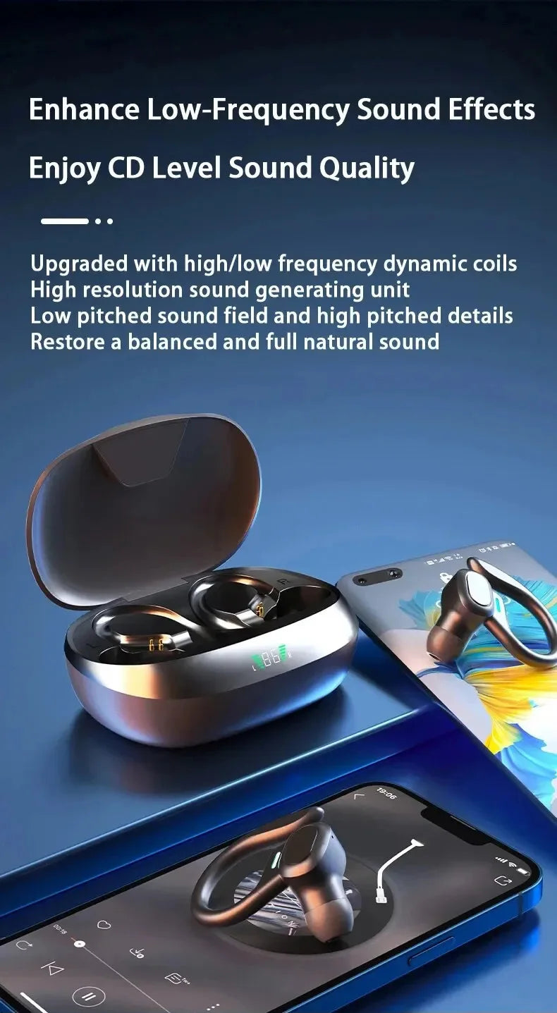 Black ear-hook earbuds in charging case with smartphone charging illustration