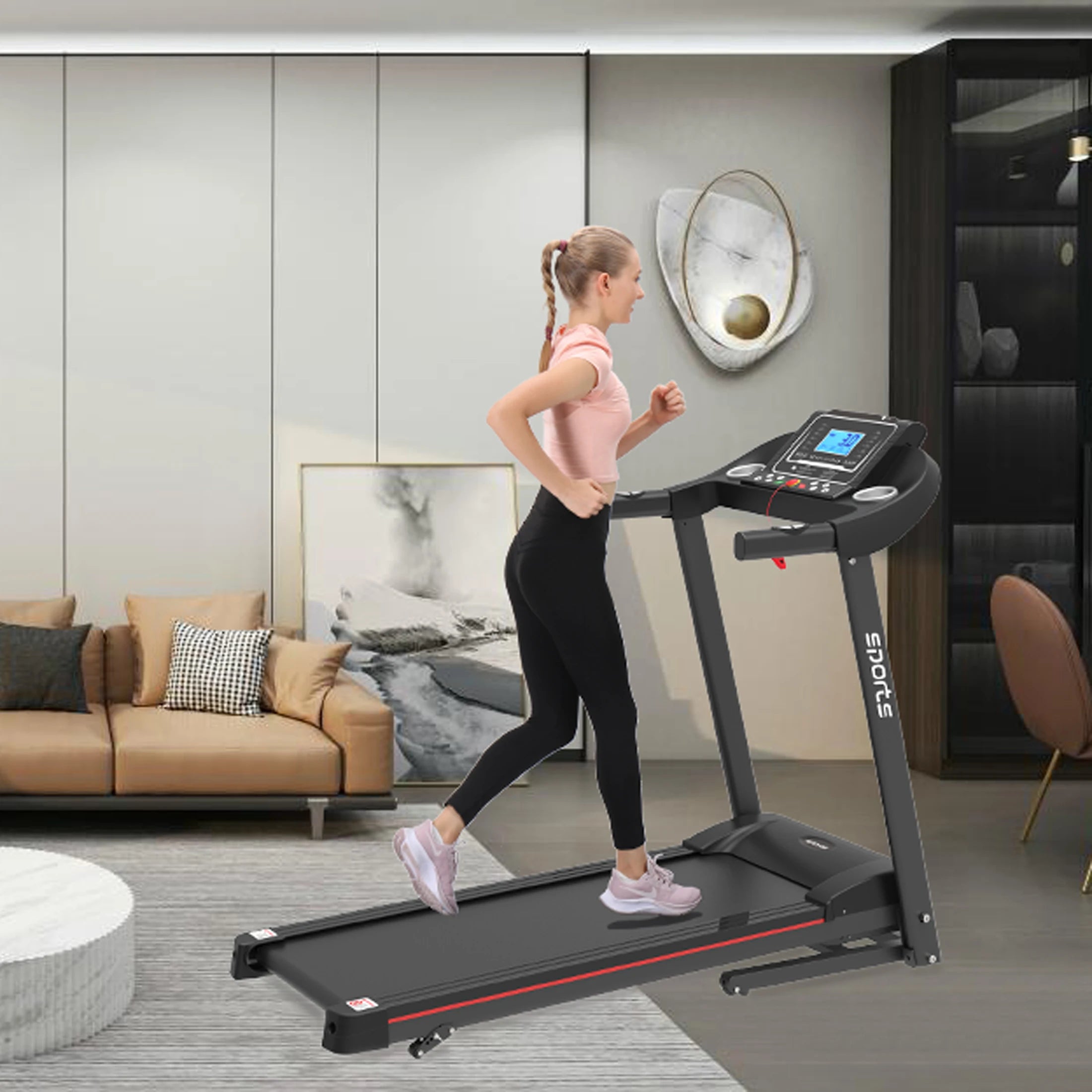 Folding Treadmill, Smart Motorized Treadmill with Manual Incline and Air Spring & MP3, Exercise Running Machine with 5" LCD