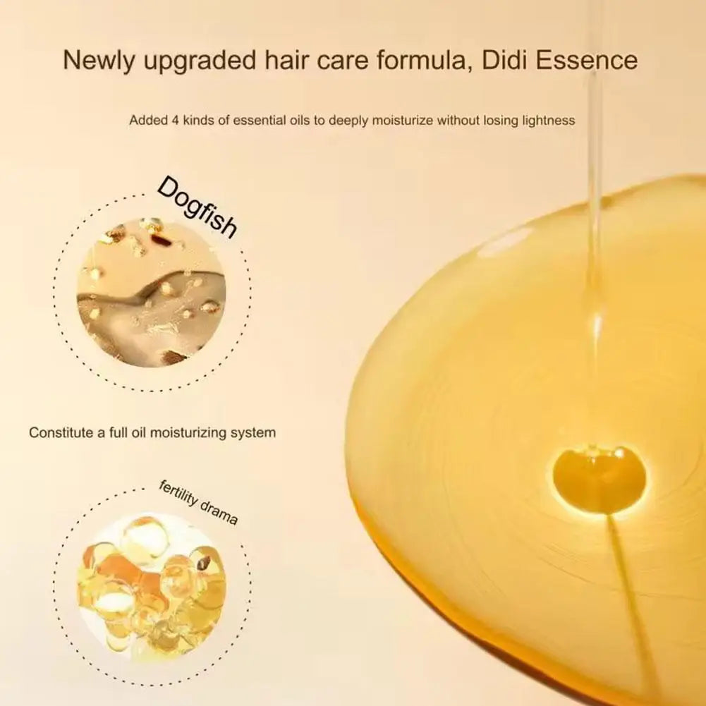 Amber oil droplets in serum package, with hand-drawn icons on golden background.
