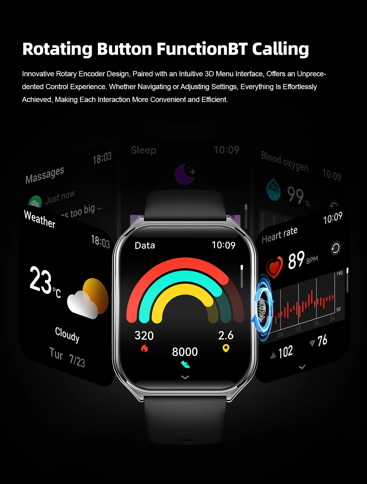 Ultra-thin AMOLED smart watch showing colorful health dashboard, black strap