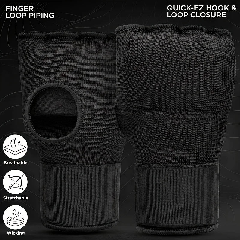 Half-finger boxing gloves with loop hook closure and padded thumb panel, black