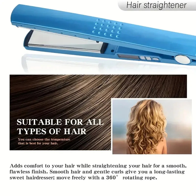 Blue hair straightener with open clamp and control buttons, promotional layout