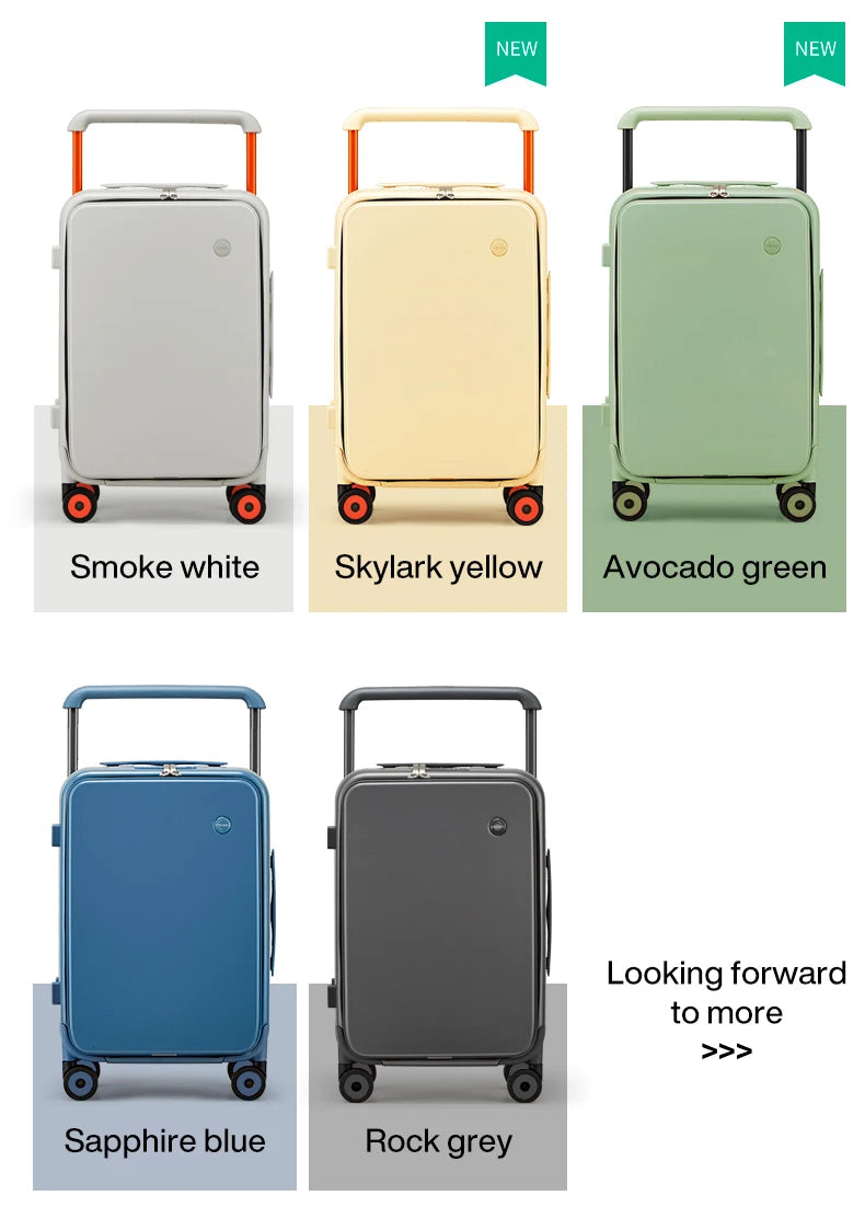 Assorted carry-on suitcases in smoke white, lark yellow, avocado green, sapphire blue, and rock gray