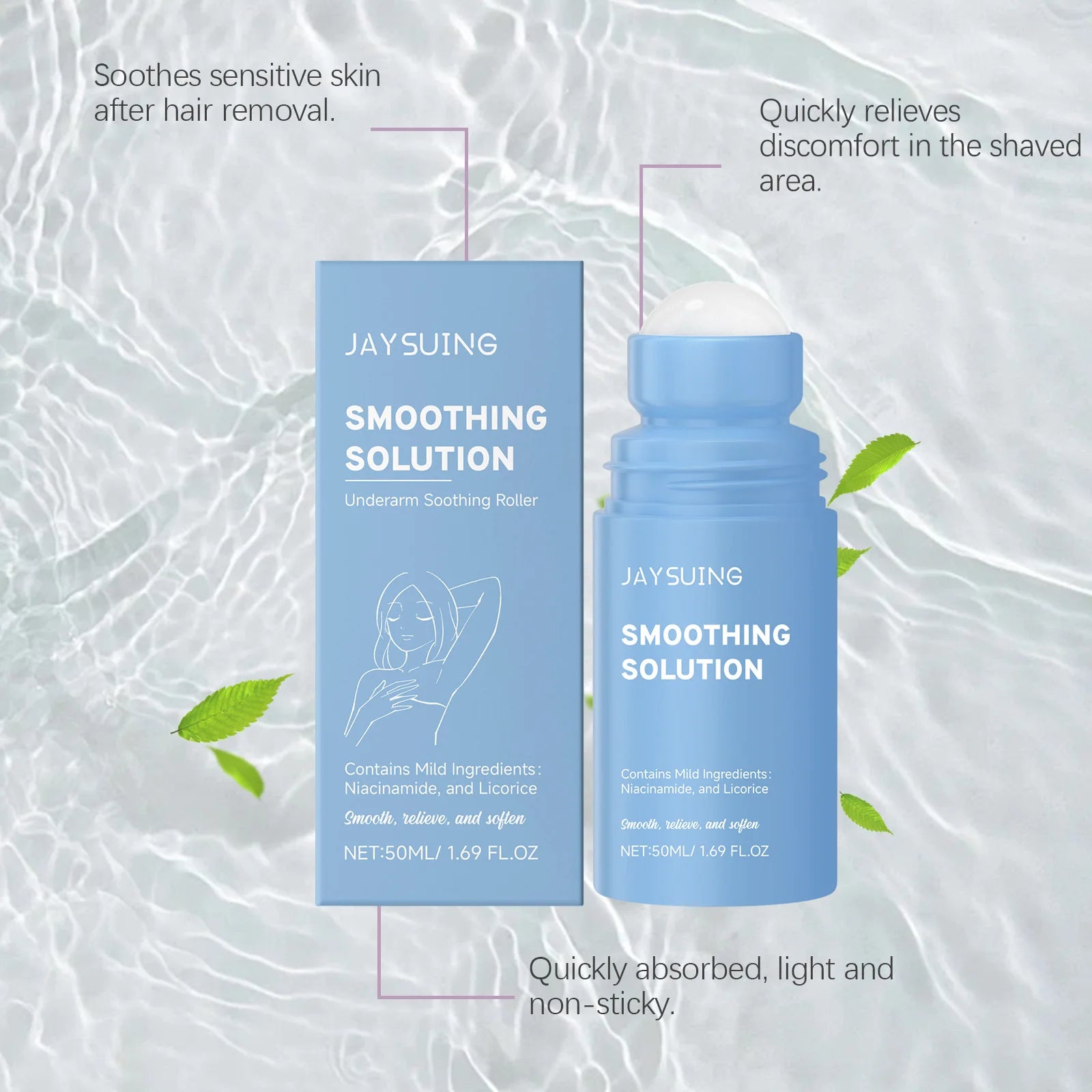 Underarm soothing roller bottle and product box with leaf accents