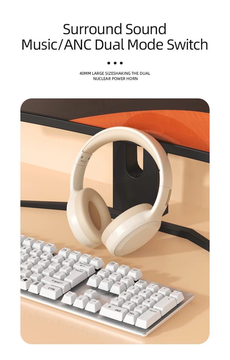 Cream over-ear wireless headphones with earcups showing music/ANC dual-mode controls