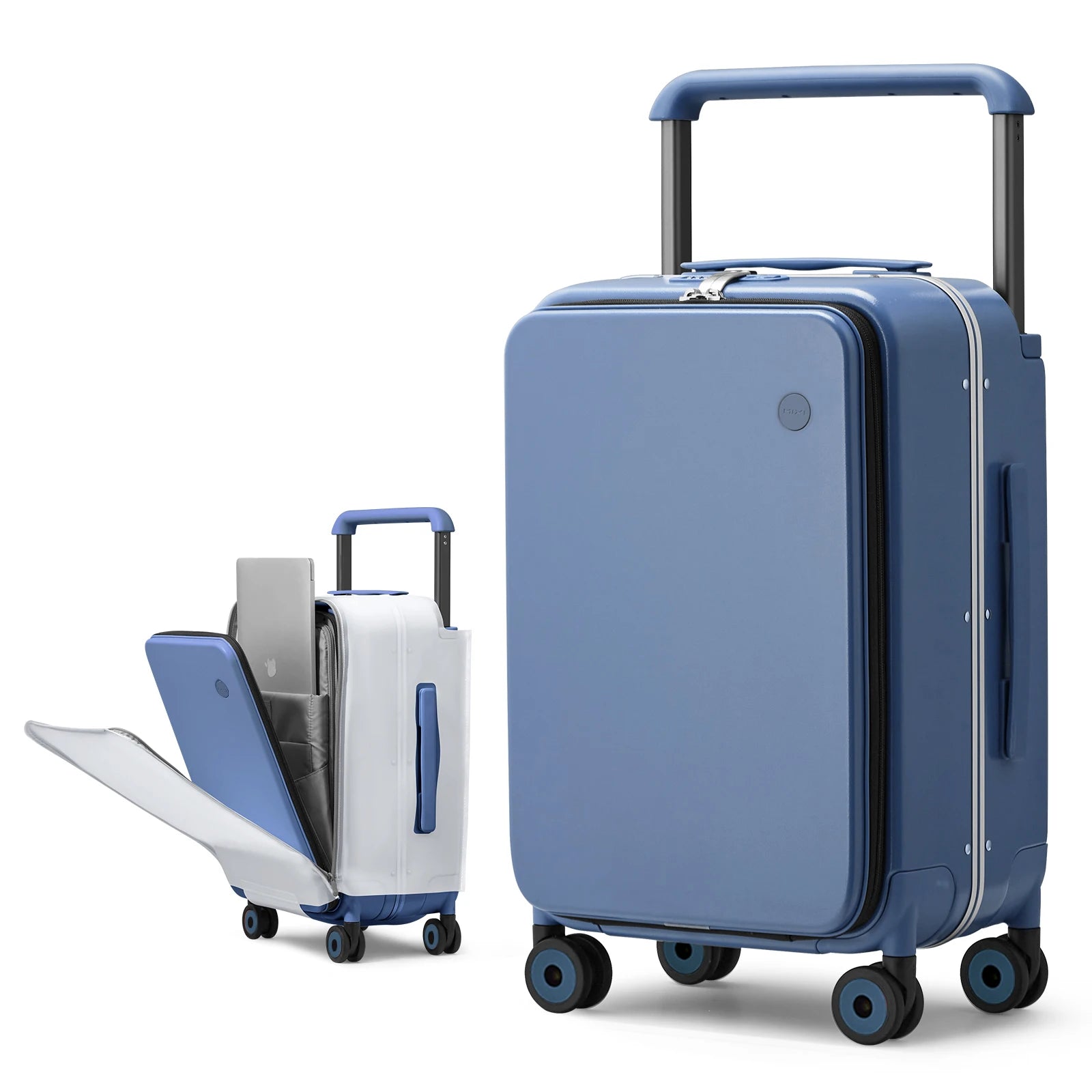 20-inch carry-on suitcase with trolley handle, blue hard shell and side panel trim