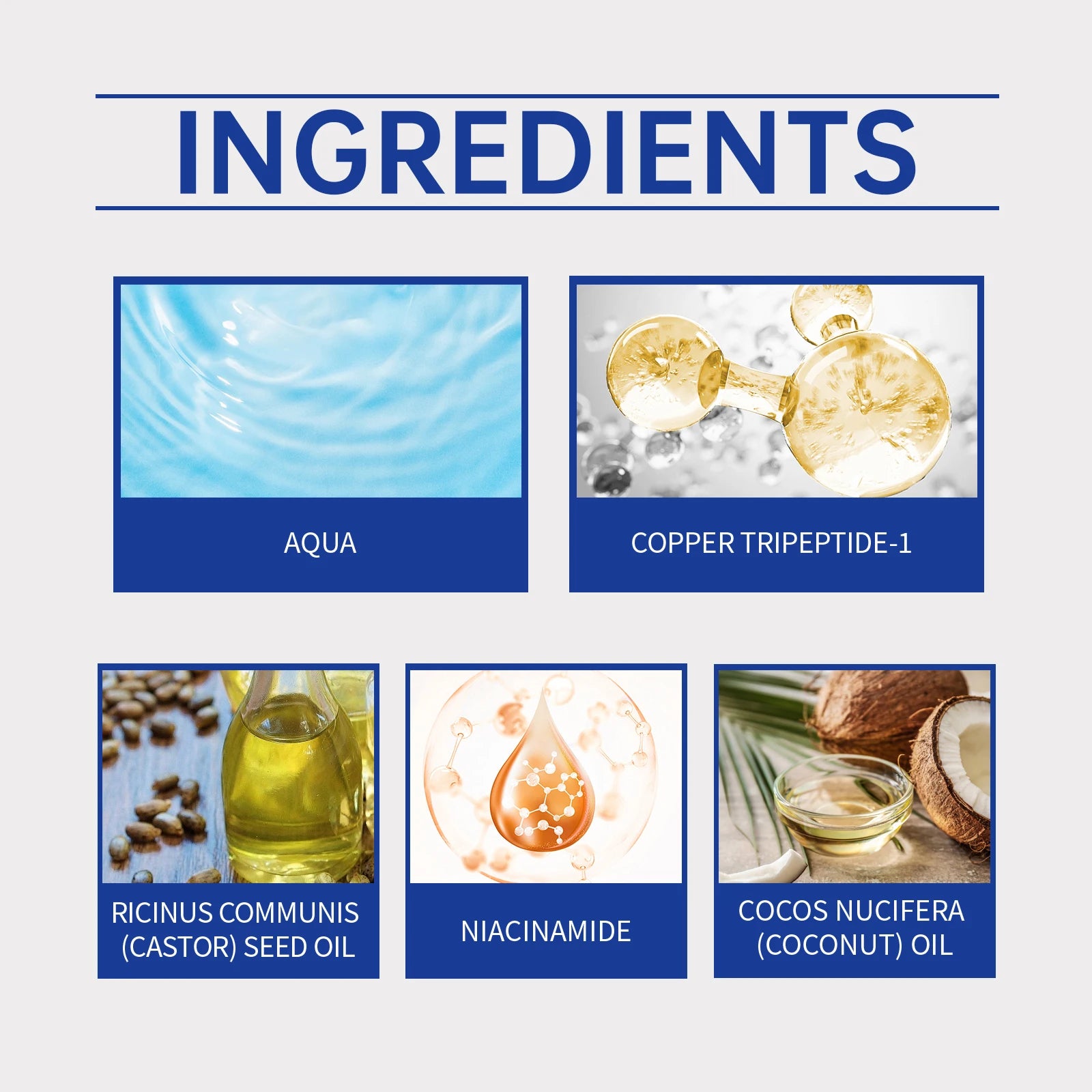 Ingredients panel with aqua, copper tripeptide-1, niacinamide, and coconut oil