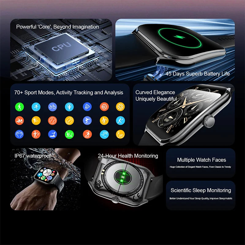 Ultra-thin smart watch with AMOLED screen showing call, battery, and sport icons