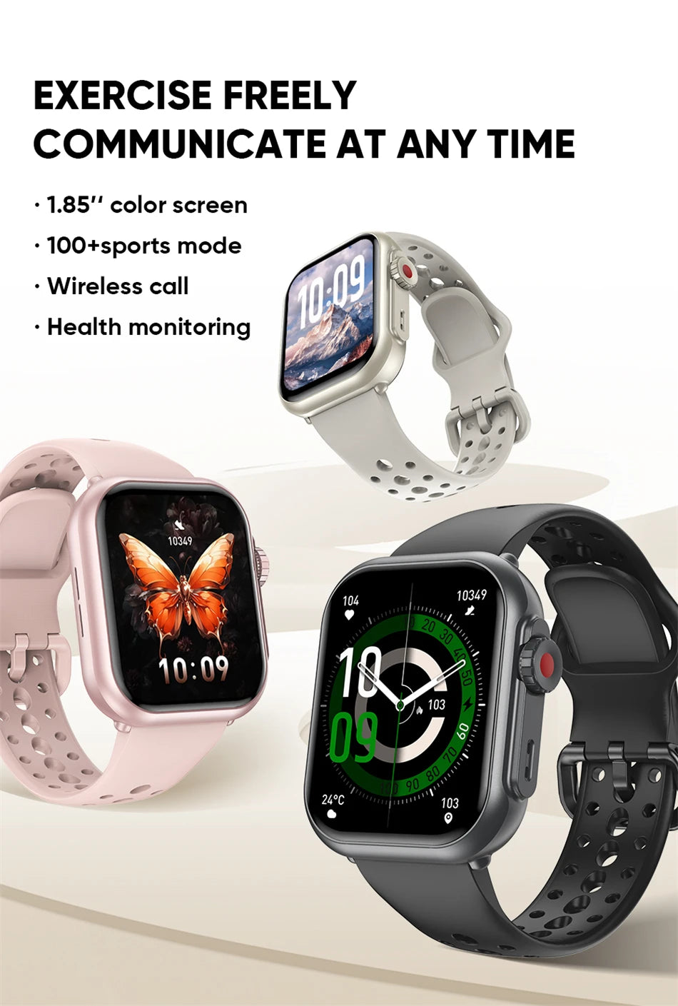 Cedar & Moore smart watches with 1.96-inch AMOLED display; pink, white, gray and black variants (4-color collection).