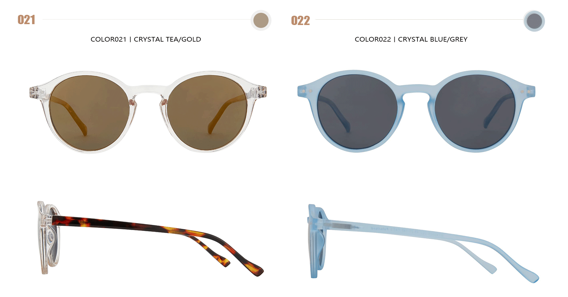 Retro polarized sunglasses, clear tea frame with brown lenses and light blue frame with blue lenses