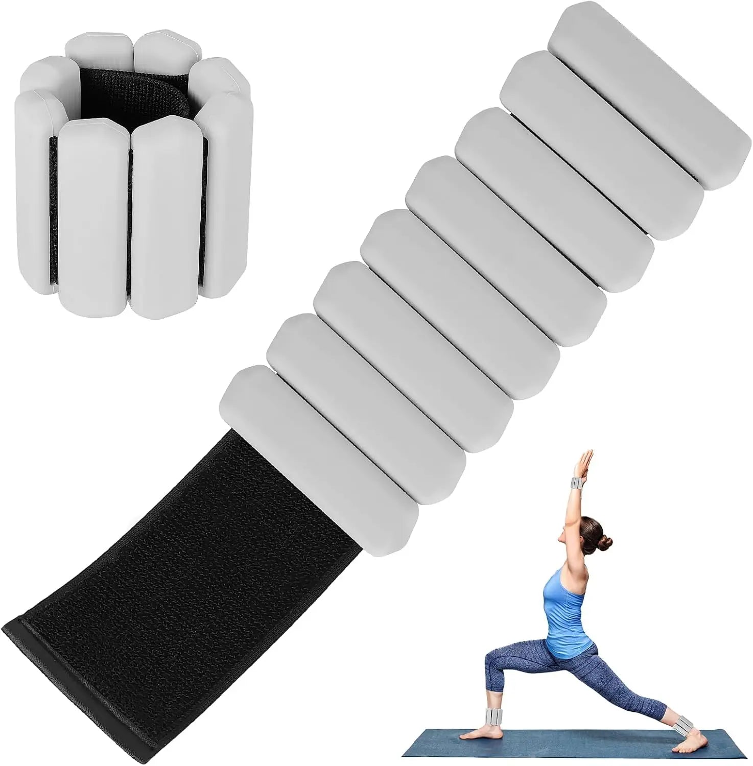 Adjustable wearable arm and leg weights set in grey, padded strips and cinch bands