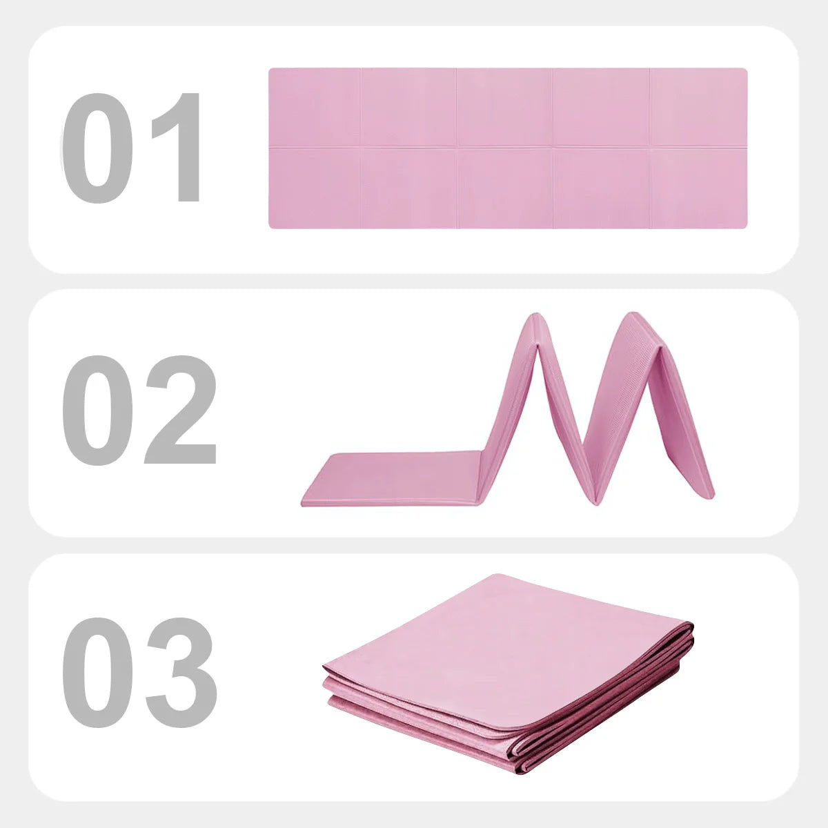 Pink 4mm EVA yoga mat shown folded and rolled in product views