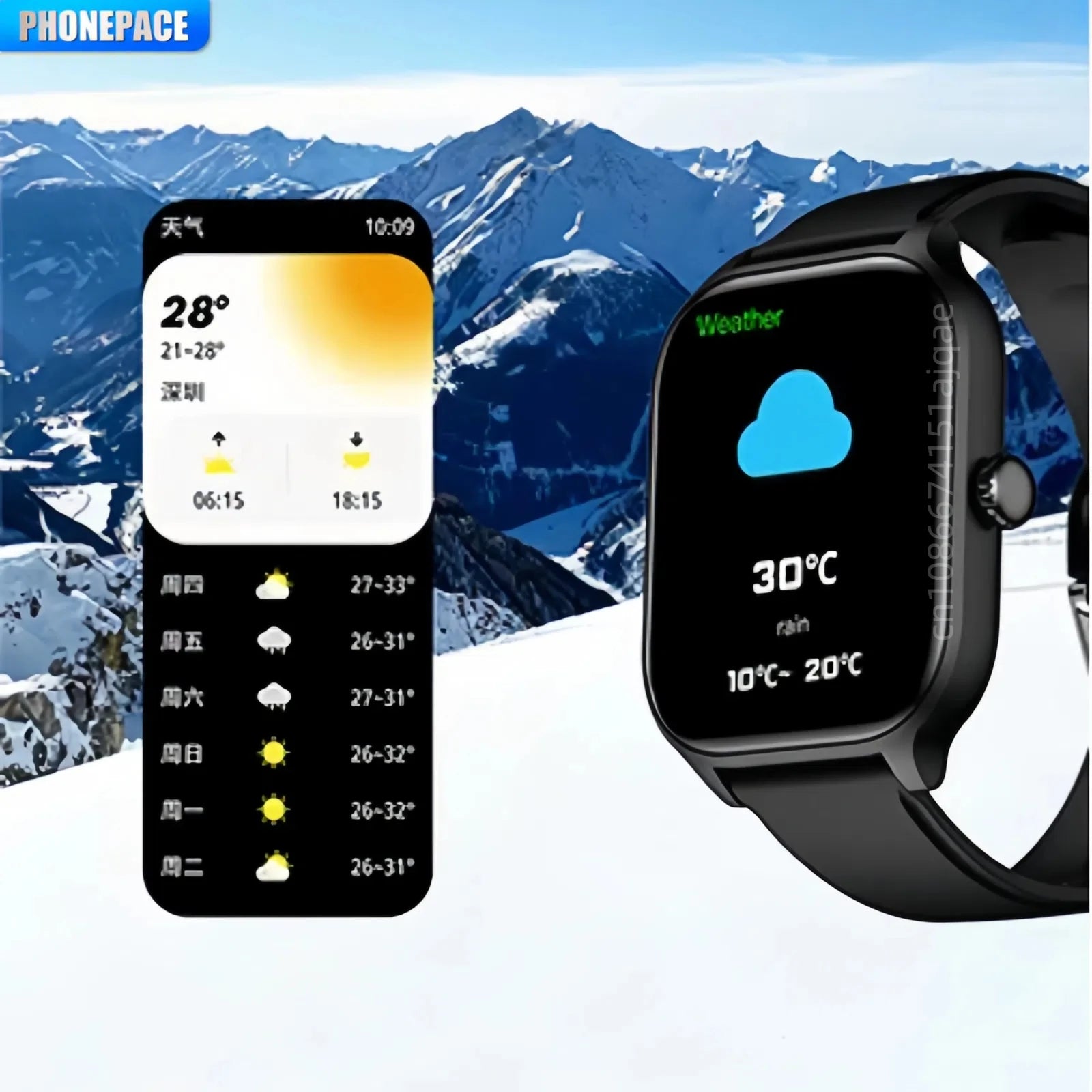 Waterproof smartwatch with weather display on a dark screen and black strap