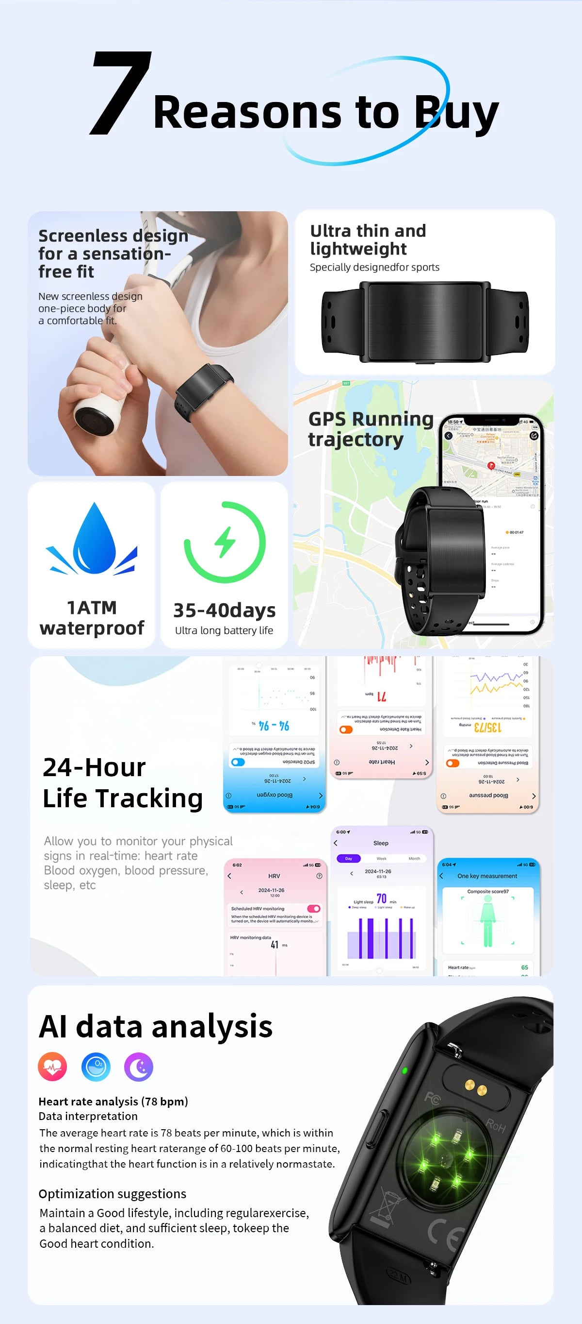 Black fitness smart bracelet on wrist with display lit and health tracking screen.