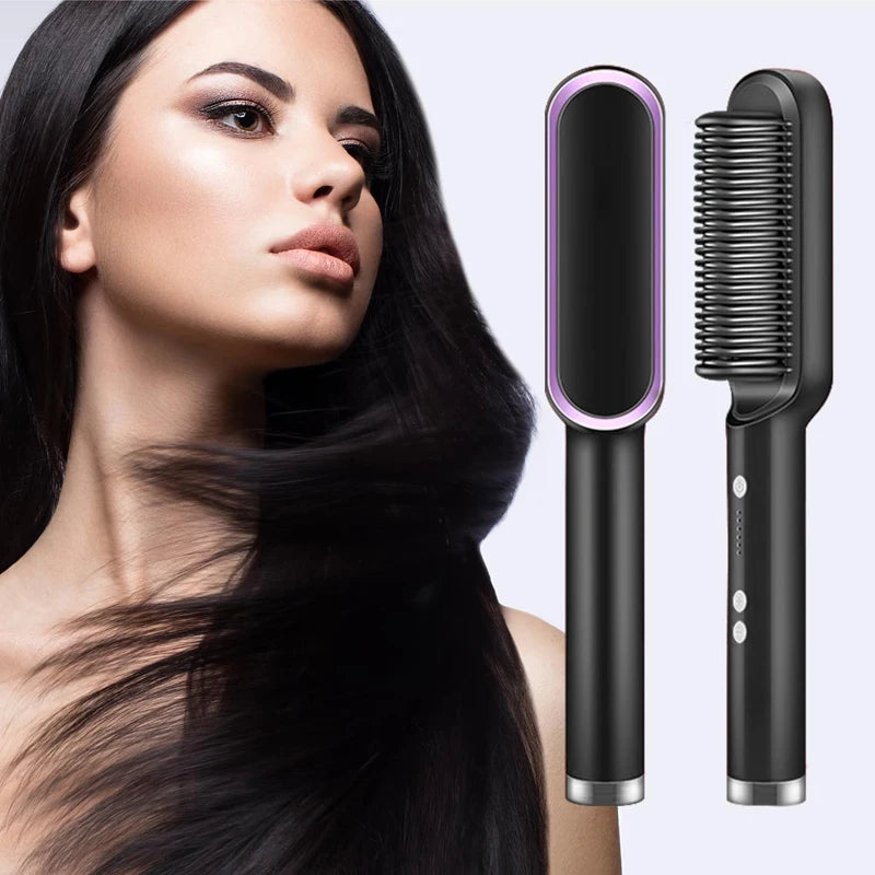 Black hair straightener comb with purple accent plate and ridged bristle head